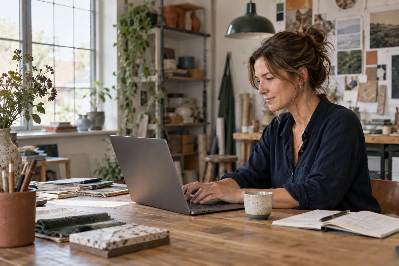 AI-illustratie: Ondernemer werkt geconcentreerd aan haar website